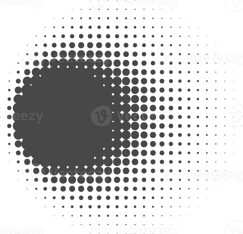 Dotted halftone abstract shape. Blurred shadow. Graphic circular element organic blob with gradation effect. png