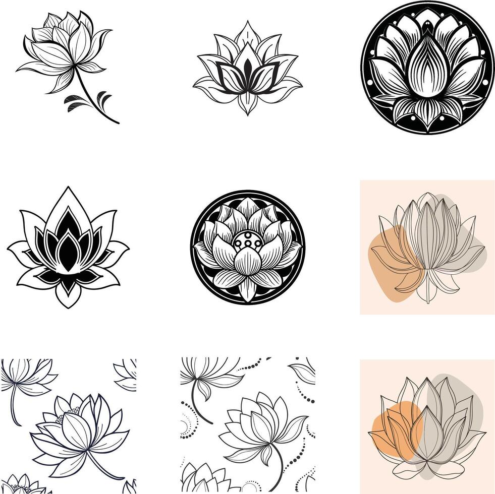 2. Black silhouette icon Set lotus flower line art simple design symmetrical vector