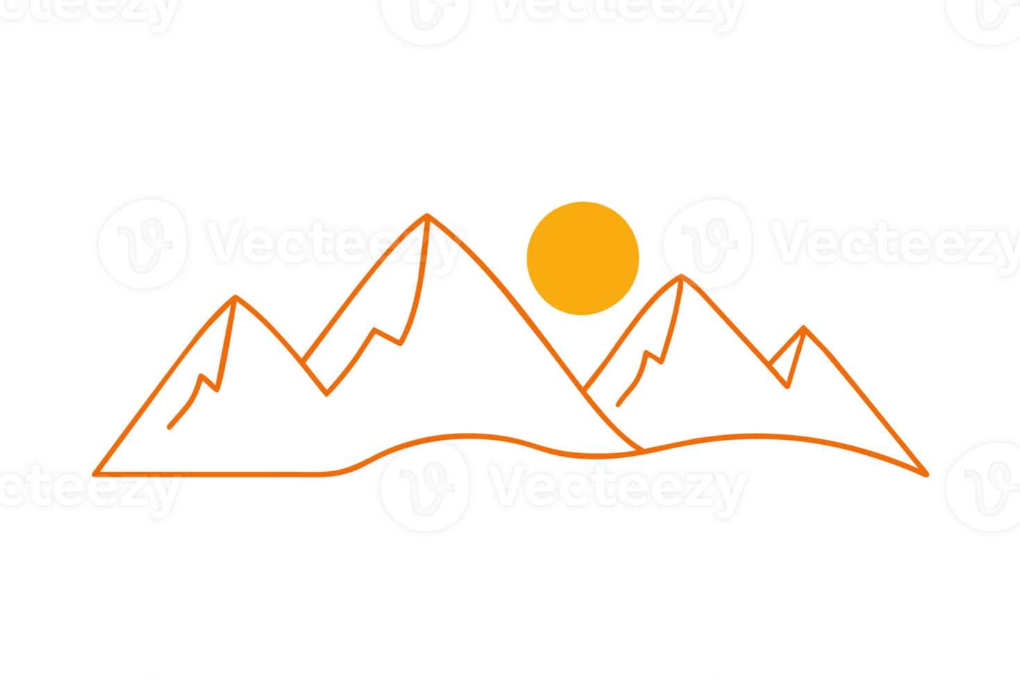 Minimalist yellow line art depicts a mountain range with a bright orange sun in the sky. cutouts png