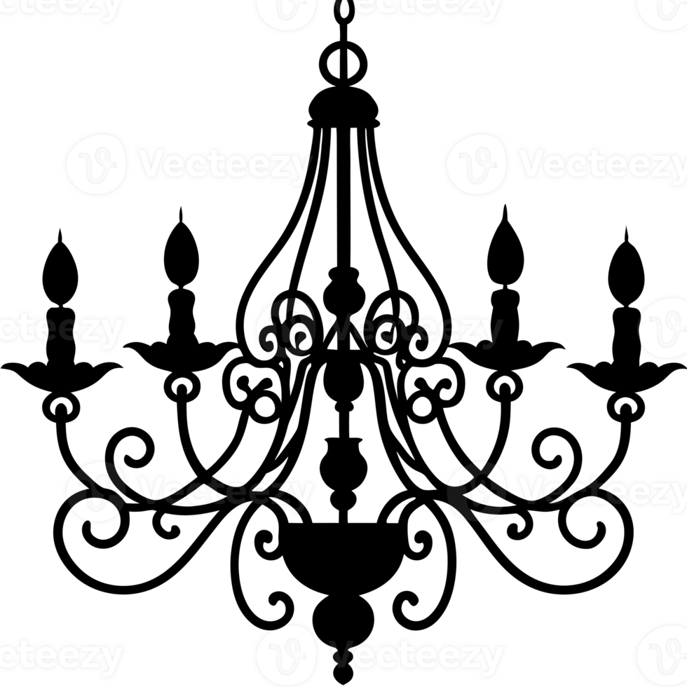 A silhouette of an ornate chandelier with five candle-like fixtures displays a classic and elegant desige cutouts png