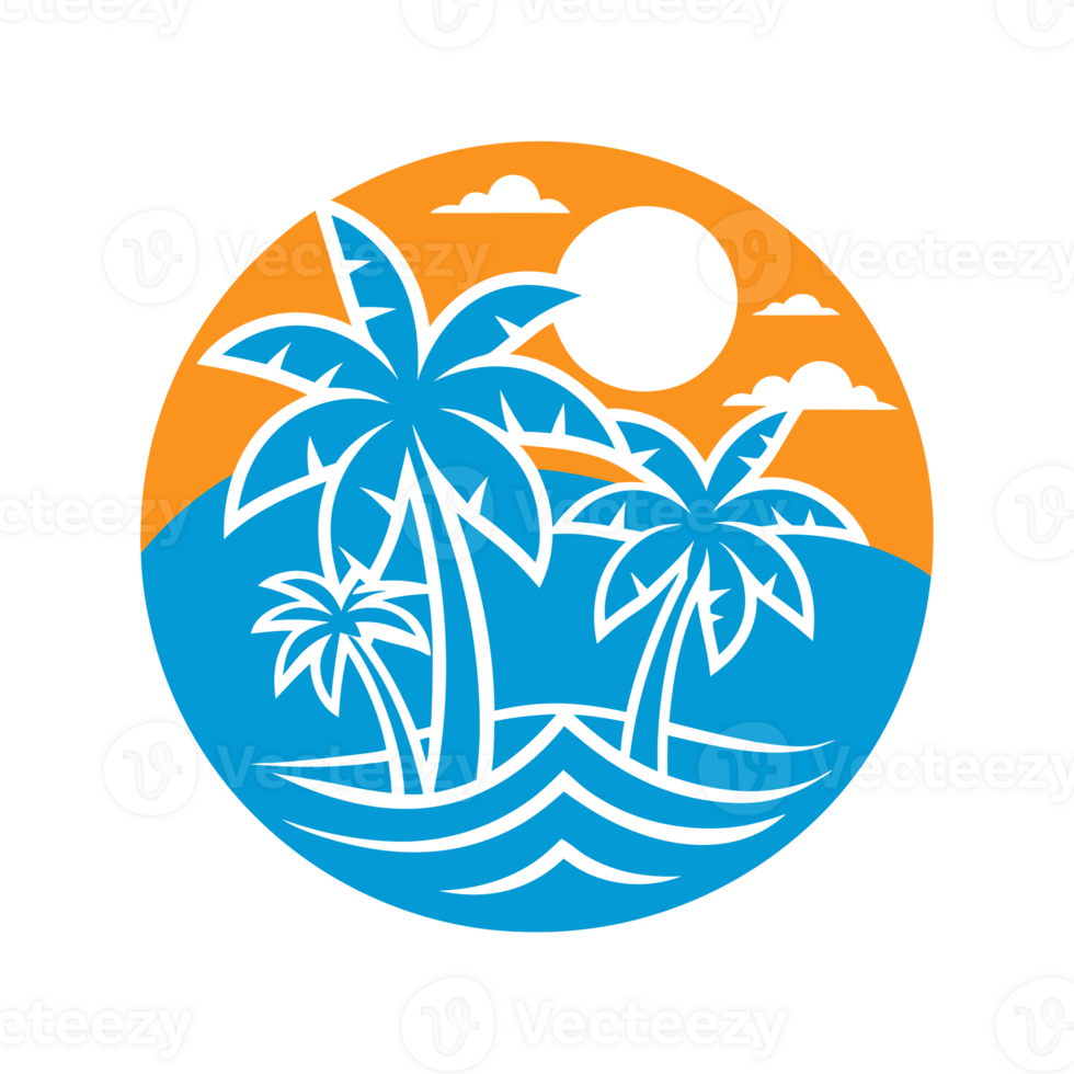 3 palm trees stand against a vibrant sunset, framed by a circular design that incorporates waves and a bright sun cutouts png