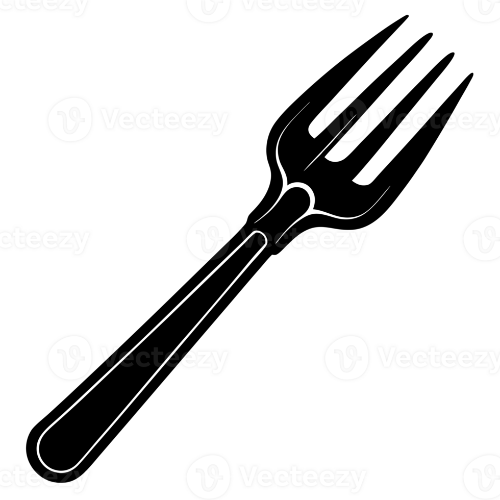 A black silhouette of a fork is centrally placed cutouts png