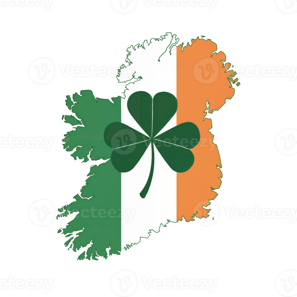 A map of Ireland is depicted with the Irish flag's colors and a shamrock at the center. . cutouts png