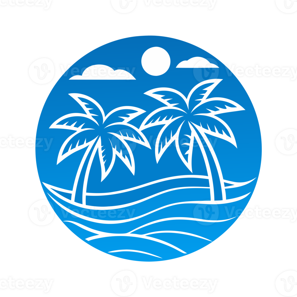 Two big blue palm trees stand against a vibrant sunset, framed by a circular design that incorporates waves and a bright sun cutouts png