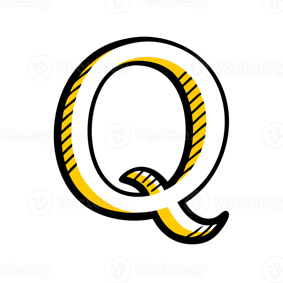 letter q is depicted in a playful design, featuring bold black outlines and a two-tone yellow and white color scheme cutouts png