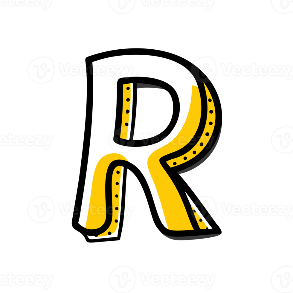 letter R is depicted in a playful design, featuring bold black outlines and a two-tone yellow and white color scheme cutouts png