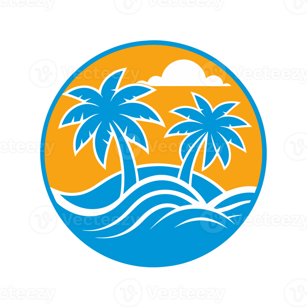 Two big palm trees stand against a vibrant sunset, framed by a circular design that incorporates waves and a bright sun cutouts png
