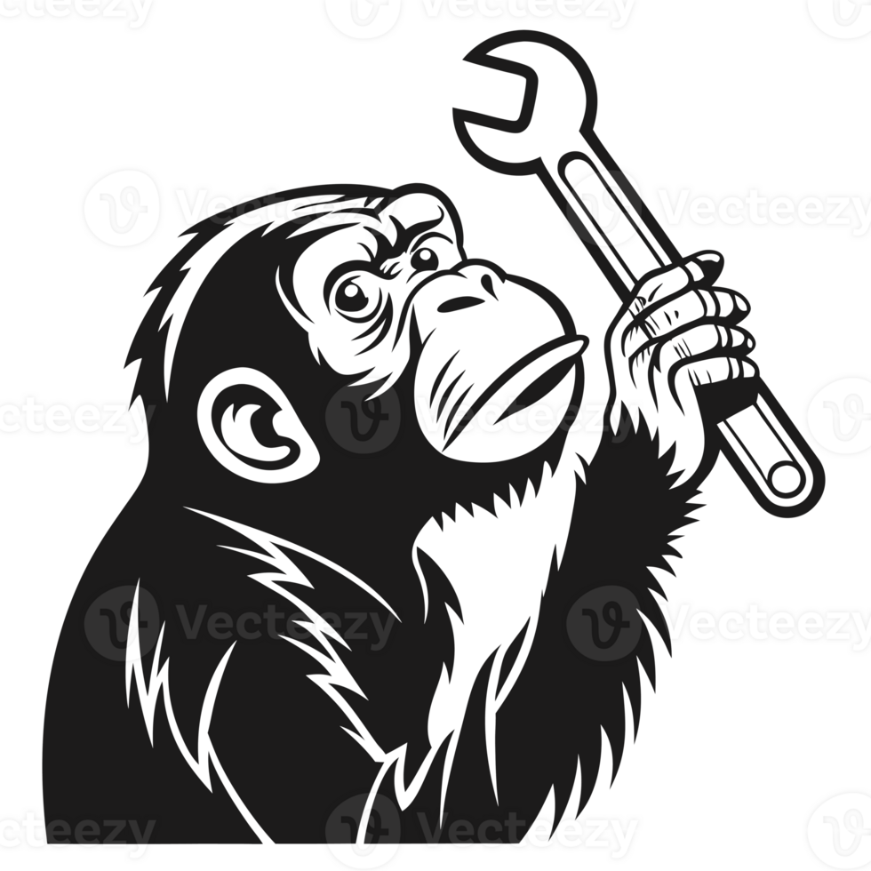A stylized black illustration features a chimpanzee holding a large wrench in one hand cutouts png