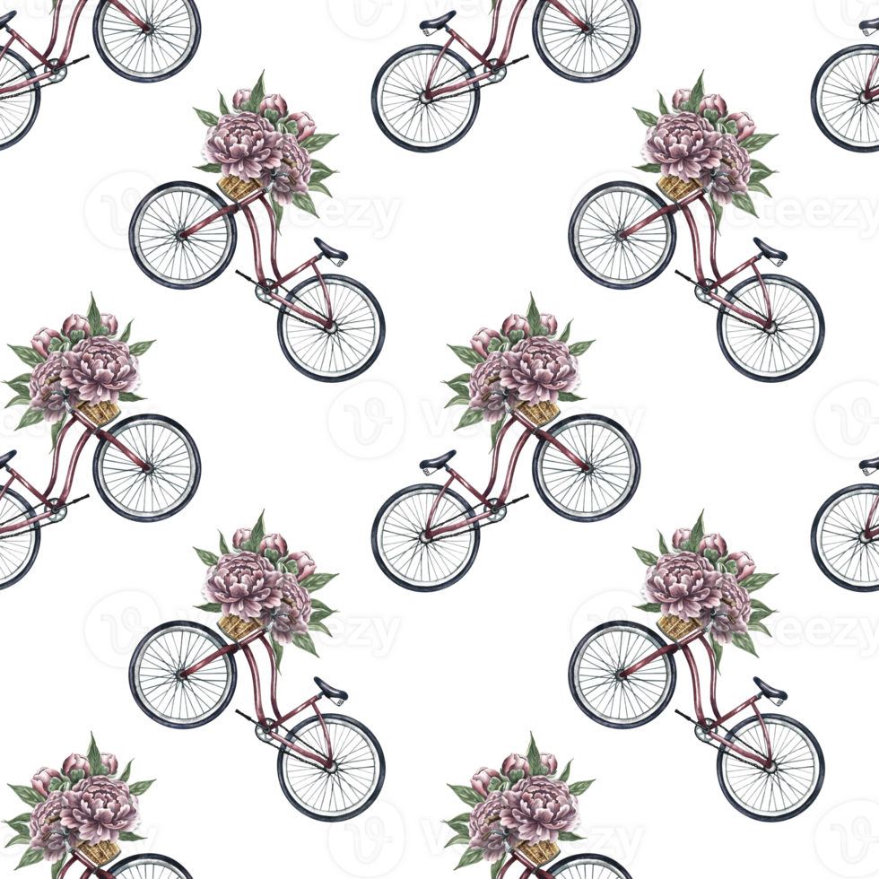 Seamless pattern with retro bikes and peonies. Handmade watercolor illustration. A colorful, gentle, romantic image. For textiles, wallpaper and wrapping paper. png