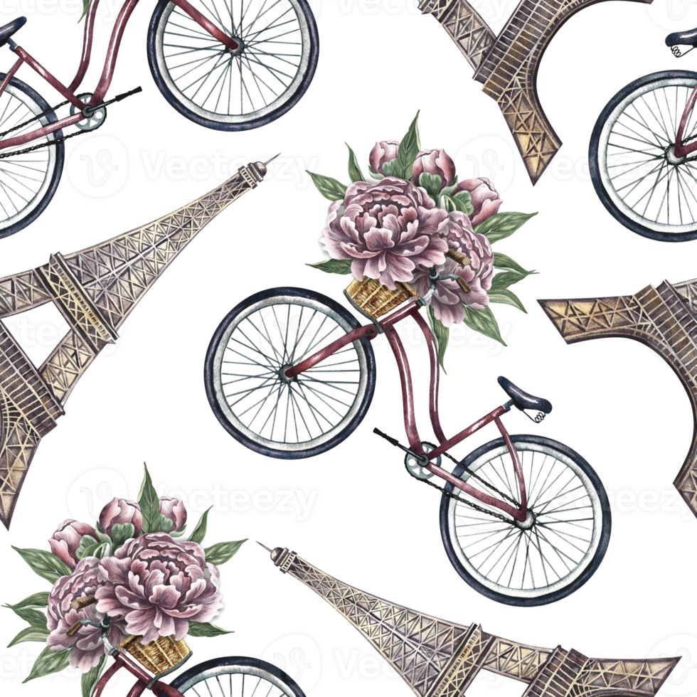 Seamless pattern with Eiffel towers, retro bicycles and peonies. Handmade watercolor illustration. A colorful, gentle, romantic image. For textiles, wallpaper and wrapping paper. png