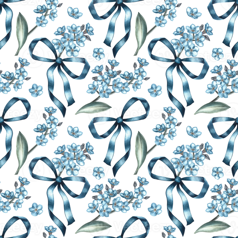 A simple pattern with blue forget-me-nots and bows of ribbons. The illustration is done in watercolor by hand. For textiles, wallpapers, prints, wrapping paper, background png