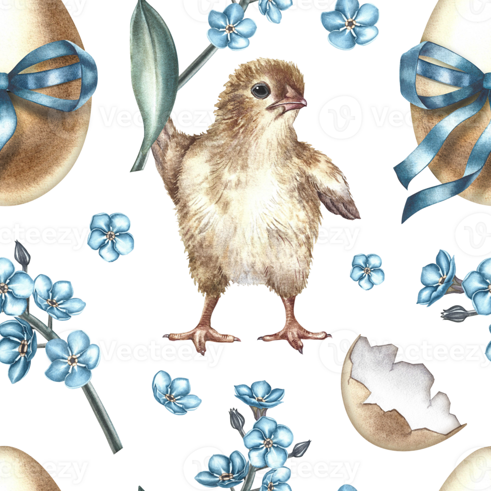 Easter seamless pattern with a chicks, decorated with eggs and forget-me-nots. The illustration is made in handmade watercolor. On a white background. For textiles, prints, wrapping paper. png