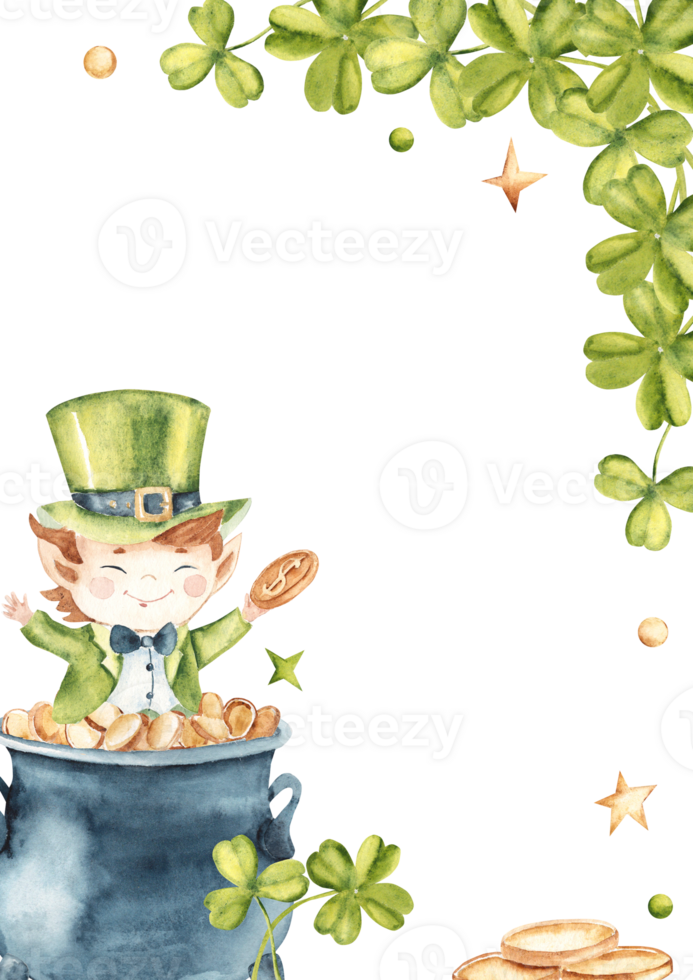 St Patricks day Square vertical Frame, Border. Card Template with a cute Leprechaun cartoon character sitting in a Pot of Gold adorned with Lucky Shamrock, Clover. Hand drawn Watercolor illustration png