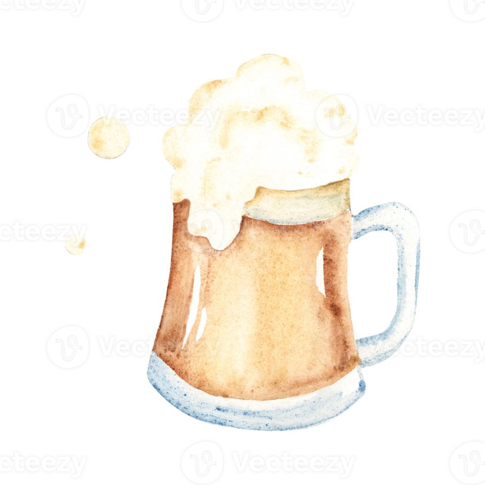Mug of light Beer with Lush flowing foam, bubble froth. Glass of Alcoholic drink hand drawn illustration. For holidays, Oktoberfest or St. Patrick's Day design. png