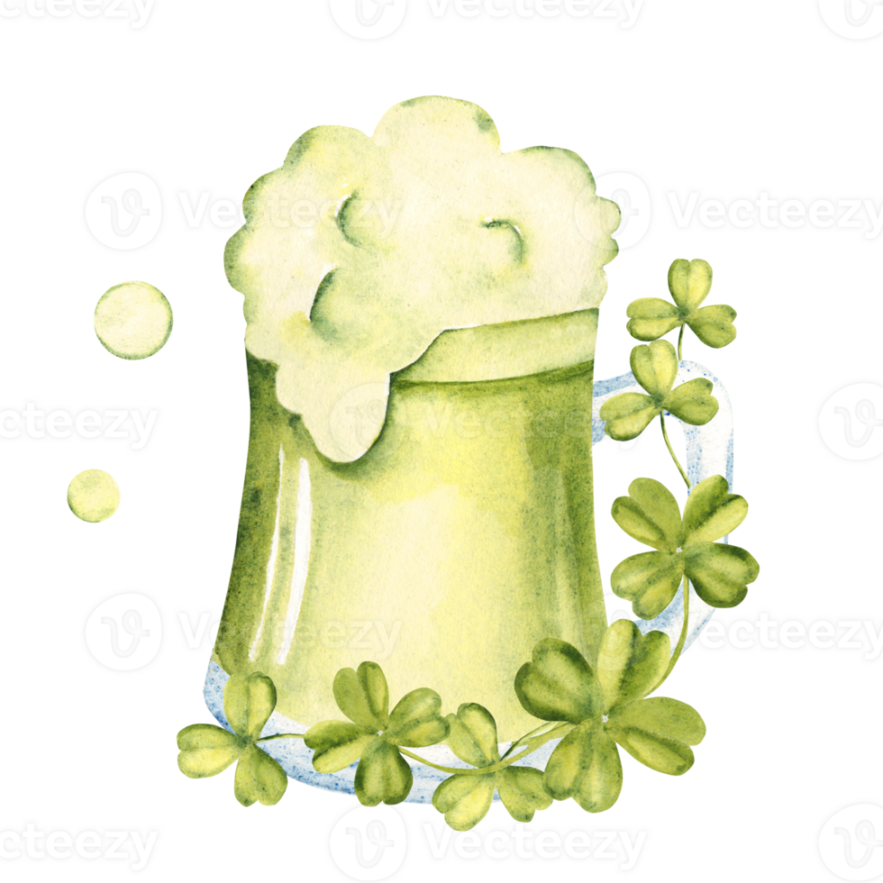 Ale Mug, glass with foam. Pint of Irish green Beer decorated with Lucky Shamrock, Clover. Hand drawn Watercolor illustration traditional St. Patrick's Day Drink. For holiday greeting cards, pub menu. png