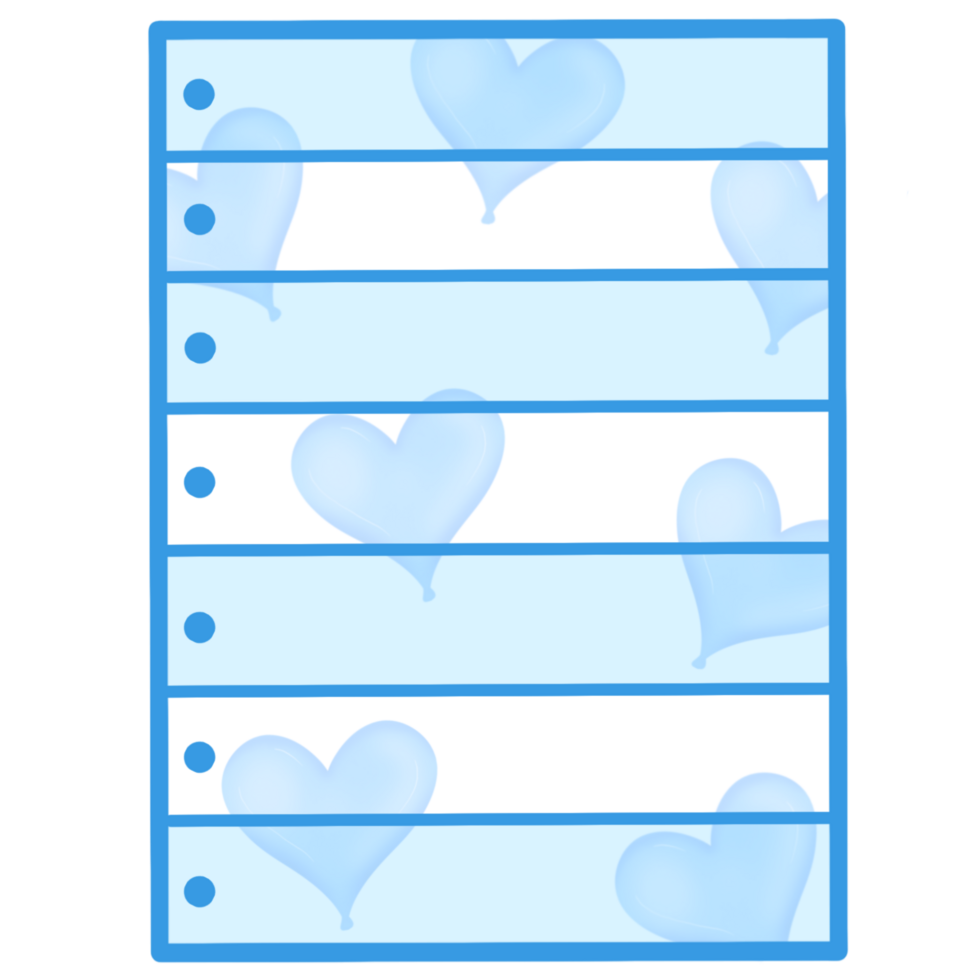 A blue and white note with dot points decorated with blue hearts png