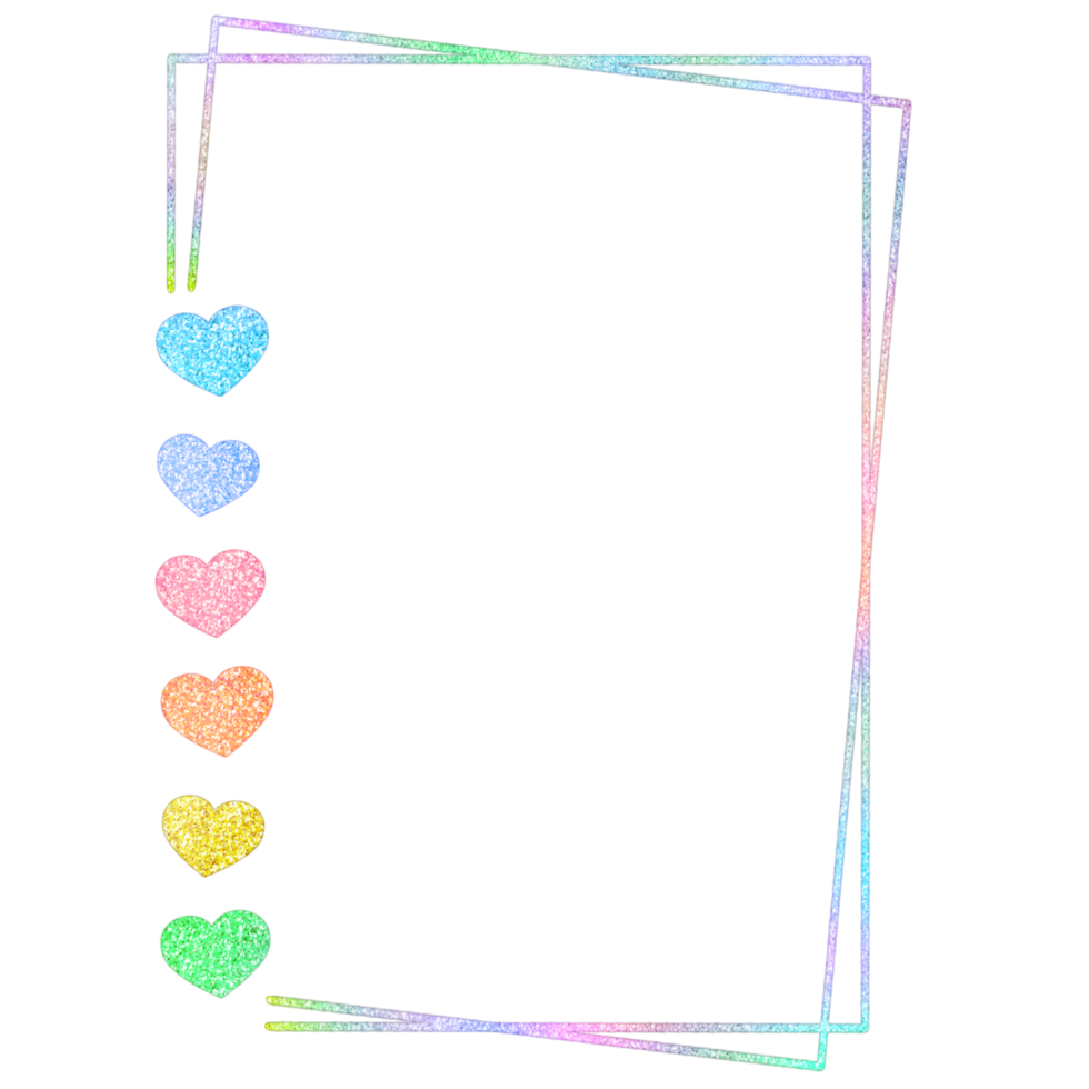 A glittery rainbow coloured rectangle frame with hearts png