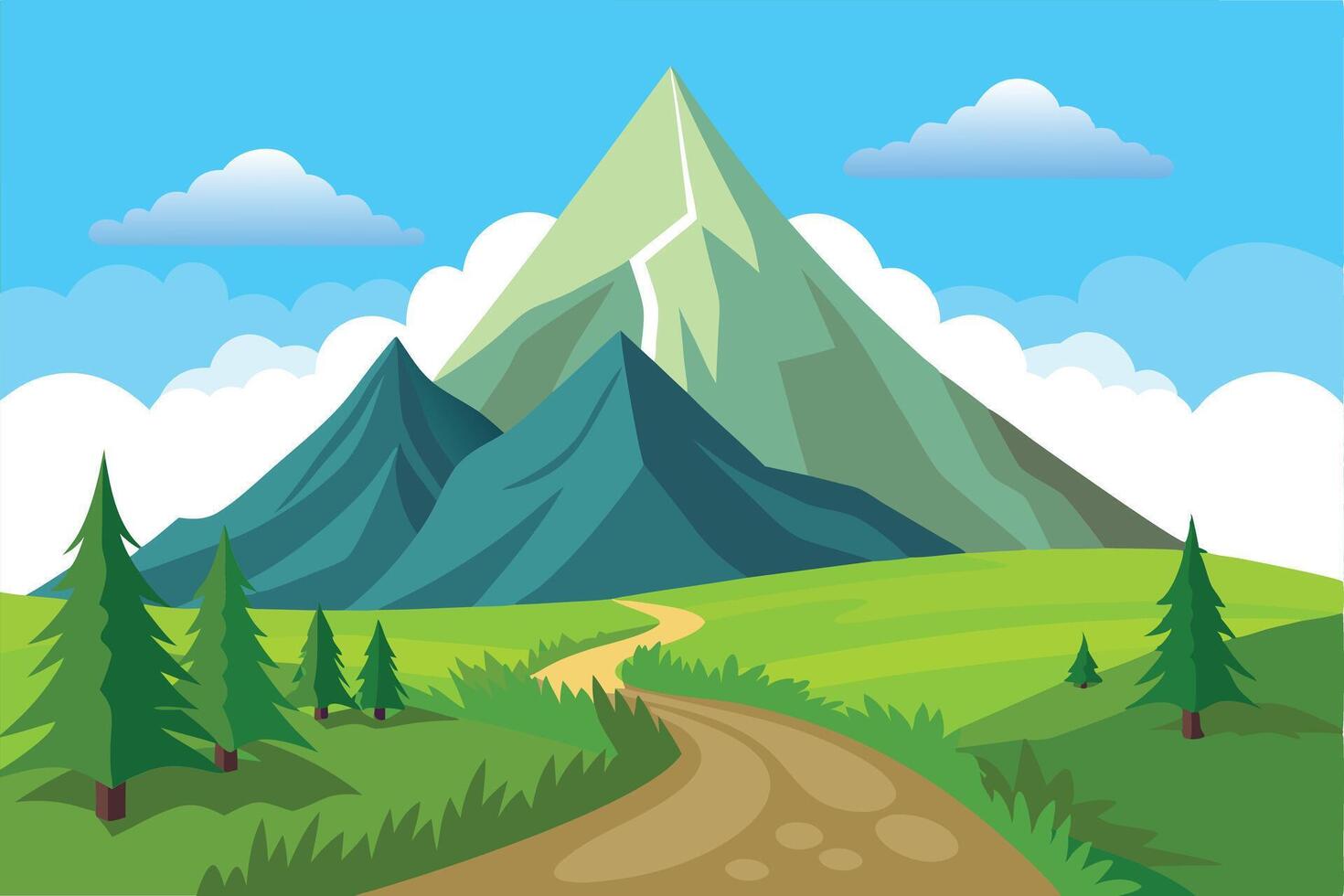 illustration of a scenic mountain landscape with a winding path. vector