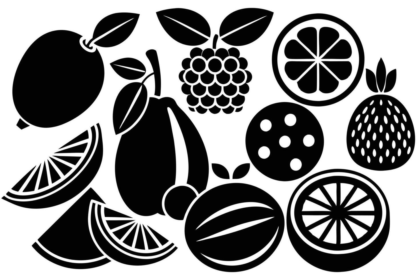 Graphic of various fruits in black silhouette. vector
