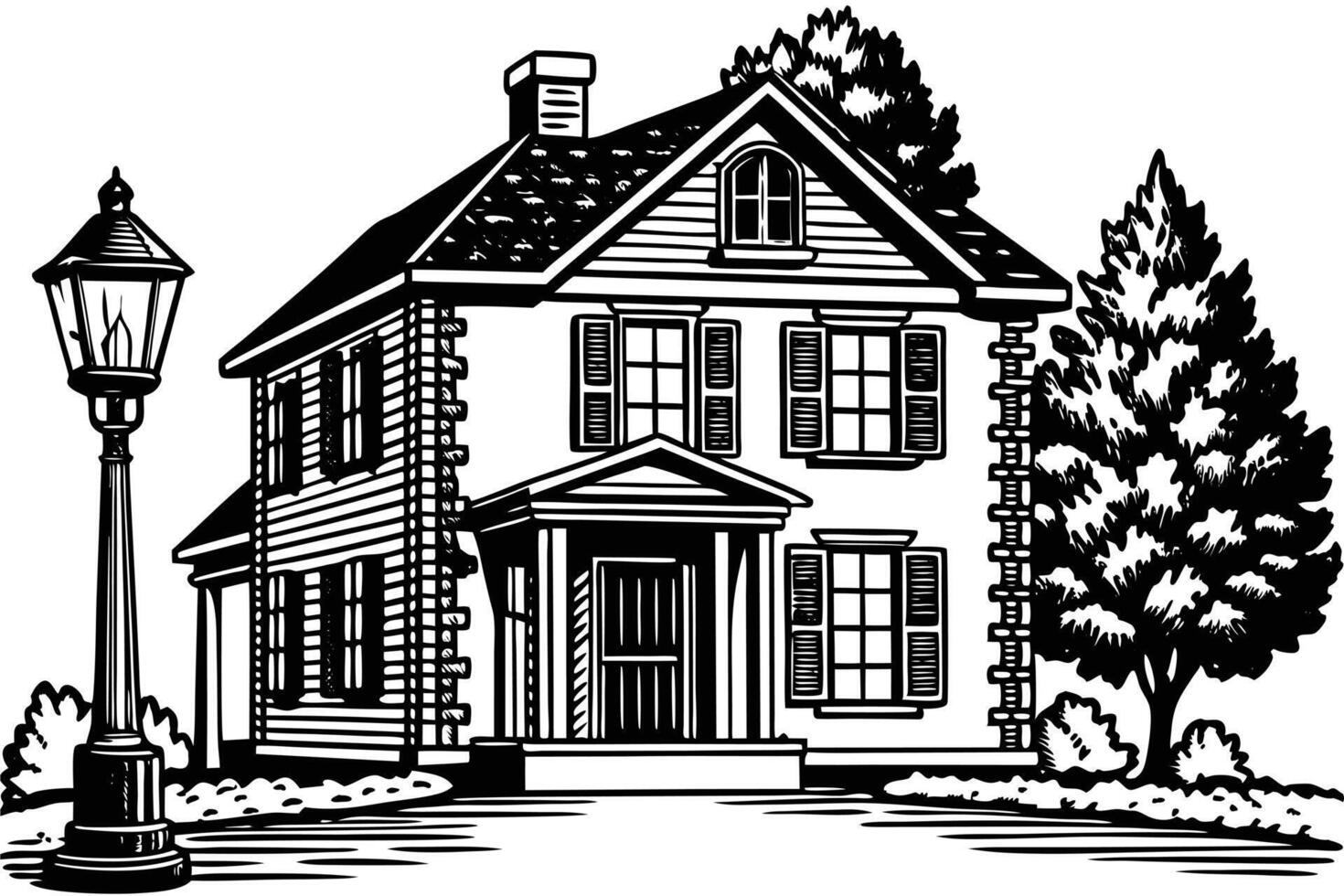 Classic Black and White Illustration of a Historic House with a Lamp Post vector