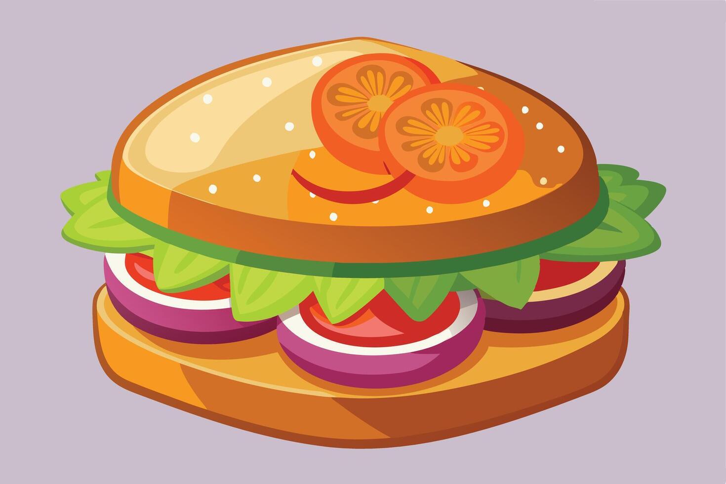 A Colorful Cartoon Sandwich with Vegetables and Red Tomatoes vector