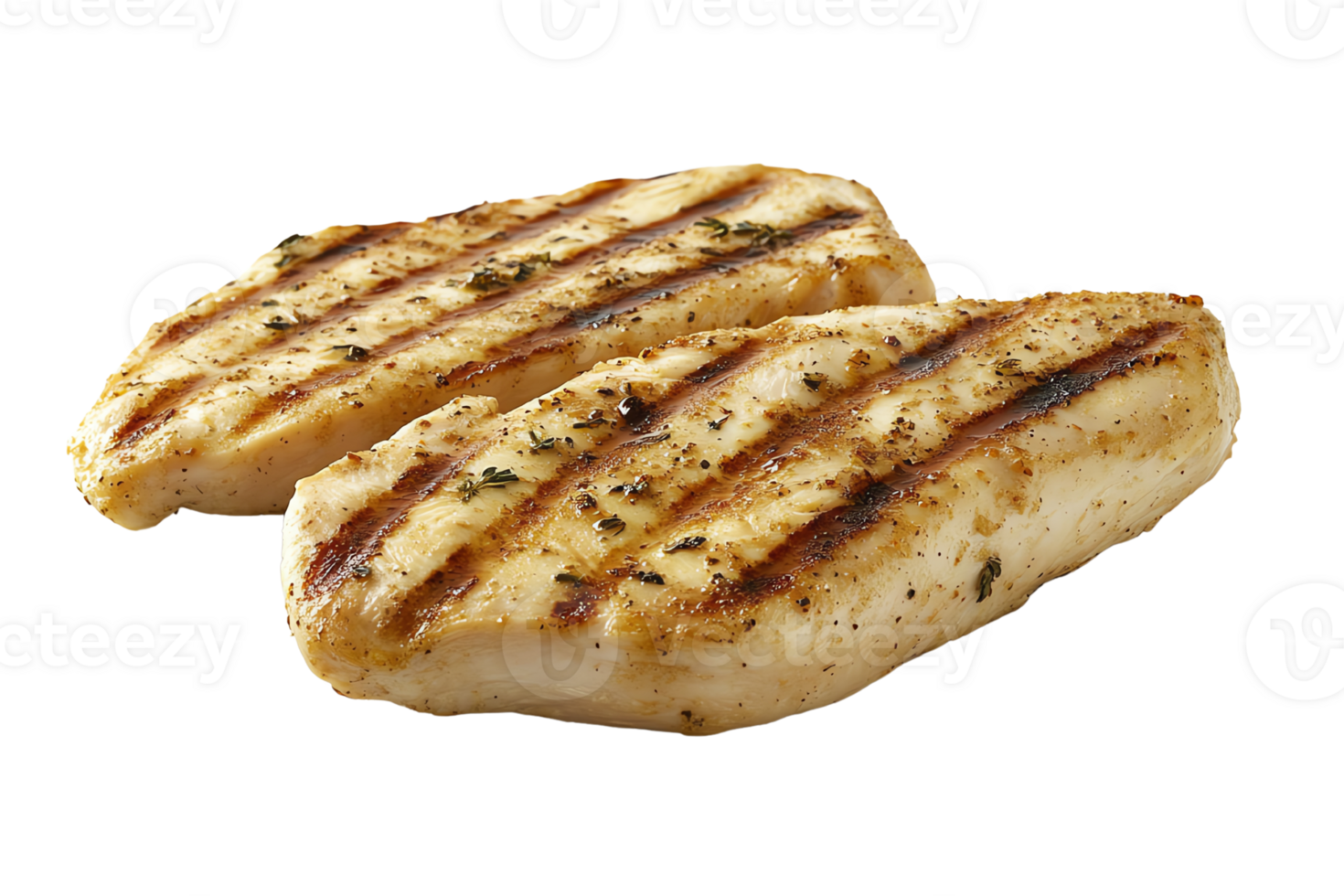 Grilled chicken fillets served on a clean white plate. png