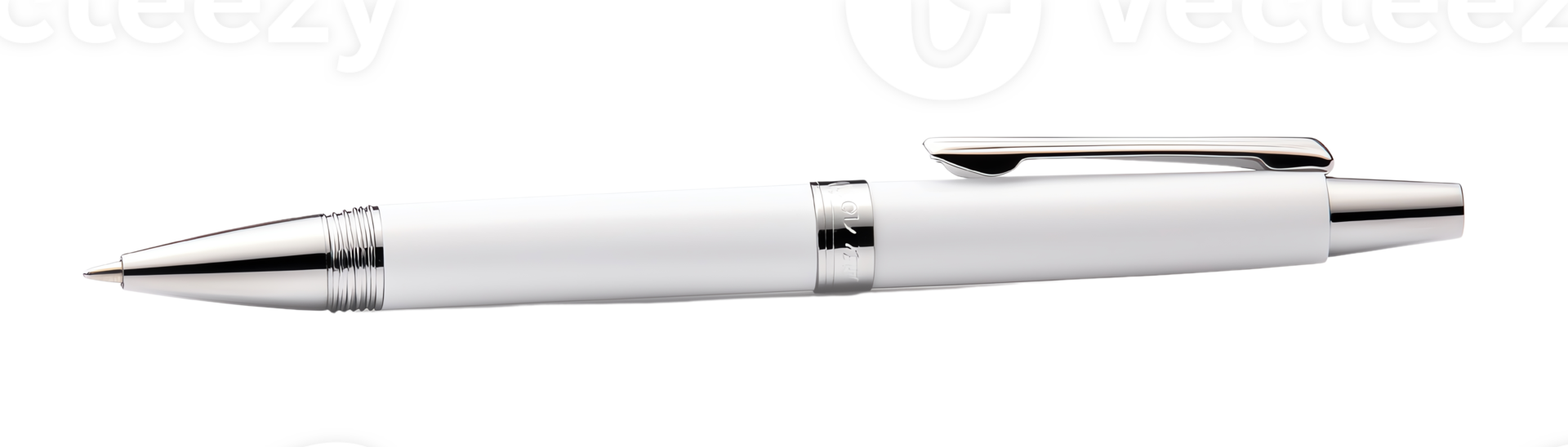 Elegant white pen with chrome accents on a reflective surface. png