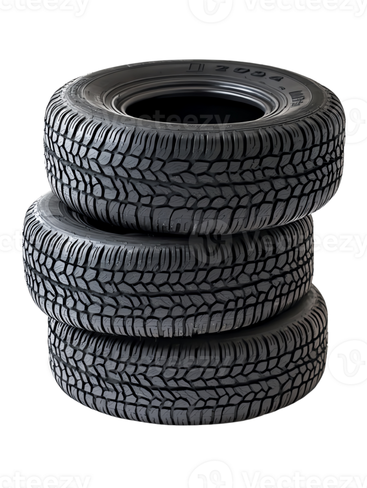 Three stacked tires showcasing texture and design for automotive use. png