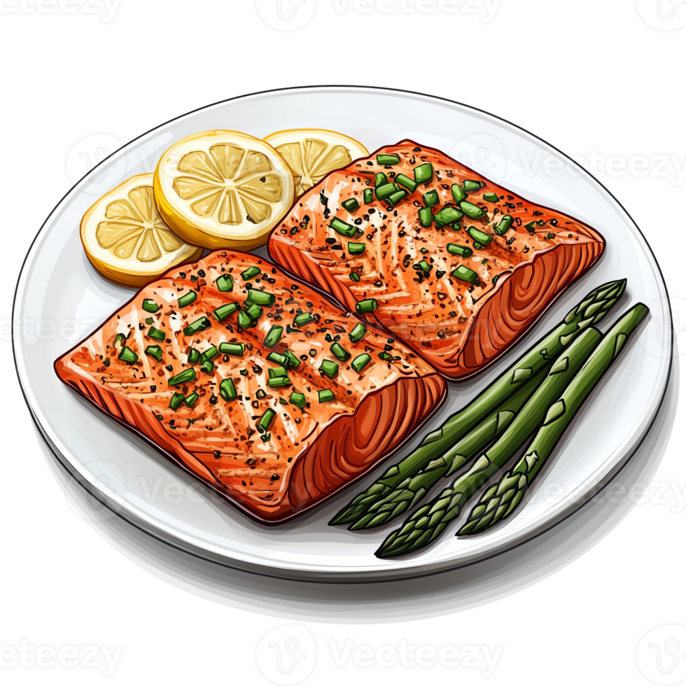 Delicious grilled salmon served with lemon and asparagus. png
