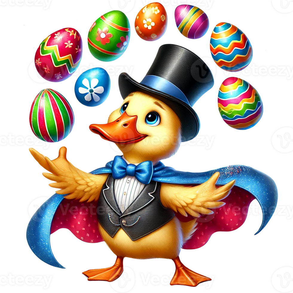 A whimsical duck juggling colorful Easter eggs in a tuxedo. Easter clipart cartoon. png