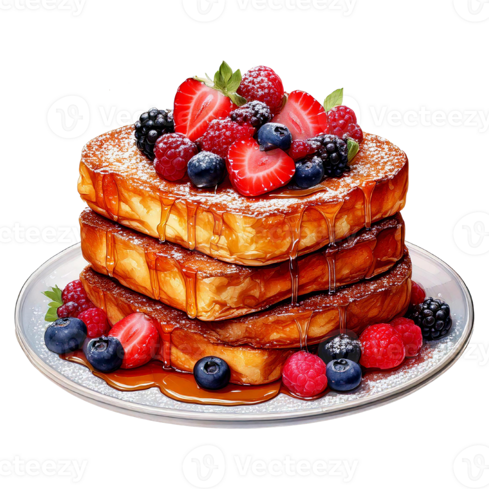 Delicious stacked pancakes topped with fresh berries and syrup. watercolor food clipart png