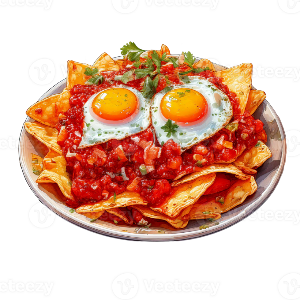 Delicious nachos topped with salsa and fried eggs. watercolor food clipart png