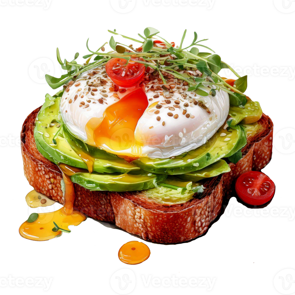 Delicious avocado toast topped with a perfectly poached egg. watercolor food clipart png
