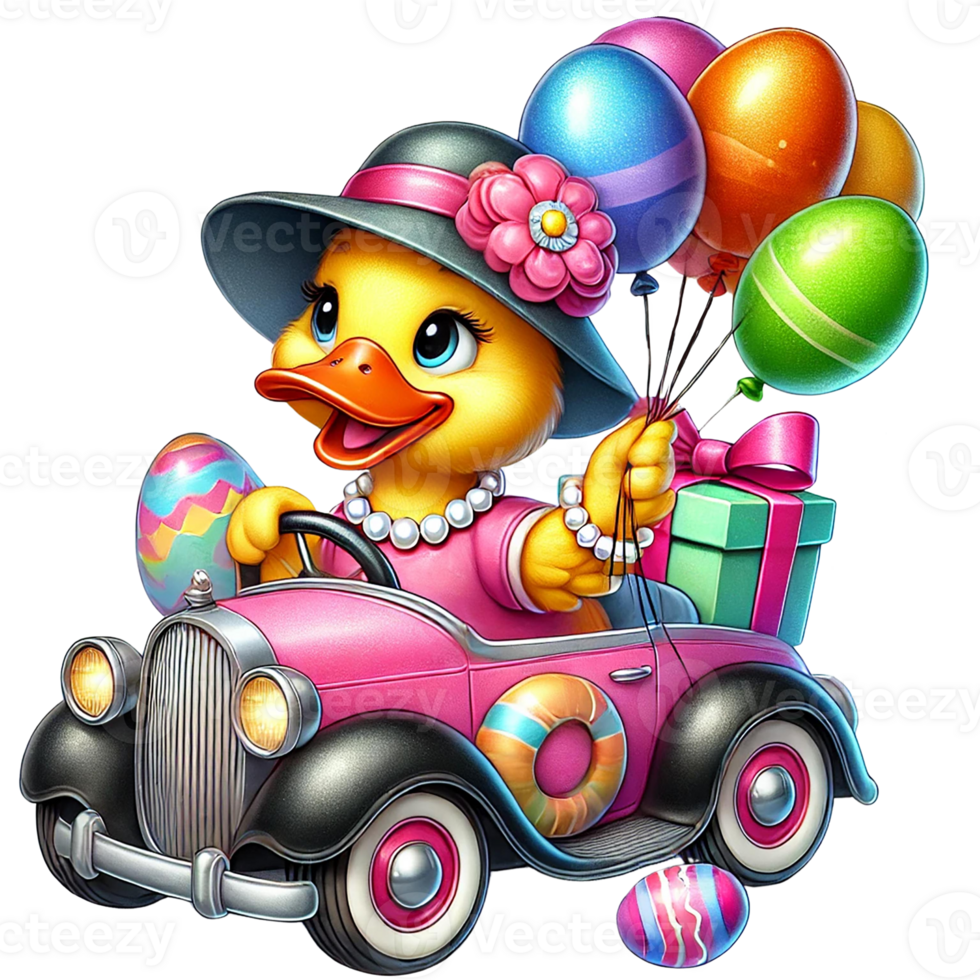 Cute duck character driving a pink car with colorful balloons. Easter clipart cartoon. png