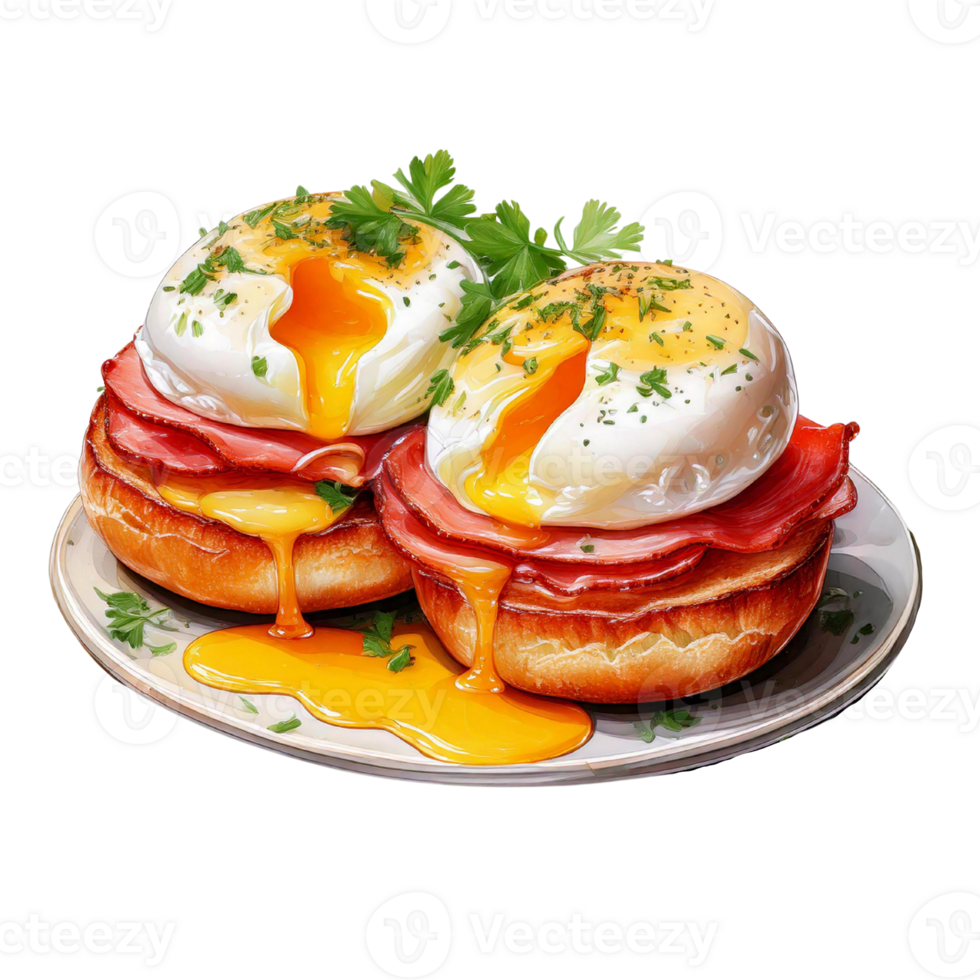 Delicious poached eggs on savory buns with ham and herbs. watercolor food clipart png