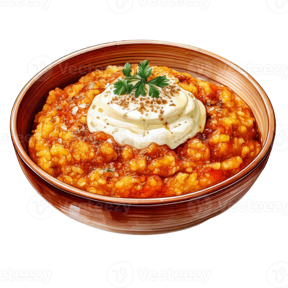 Delicious bowl of creamy tomato soup topped with herbs. watercolor food clipart png