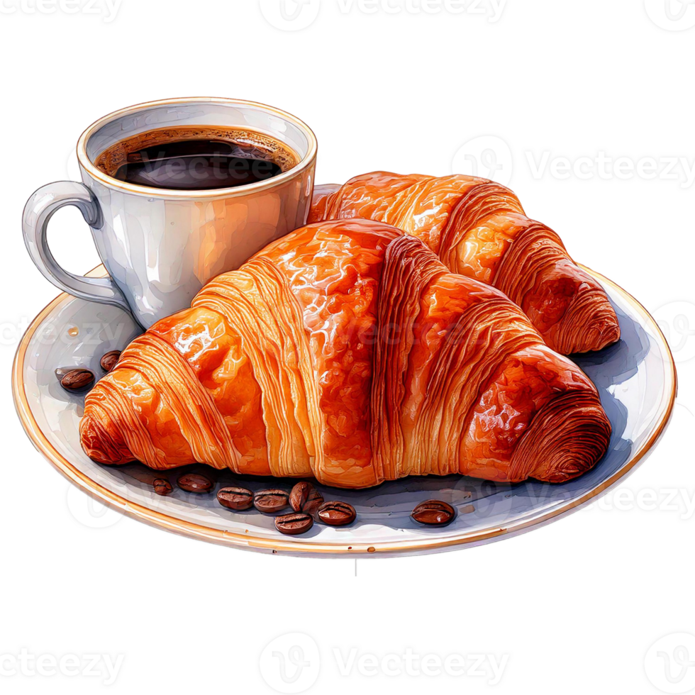 Delicious croissants served with a hot cup of coffee. watercolor food clipart png