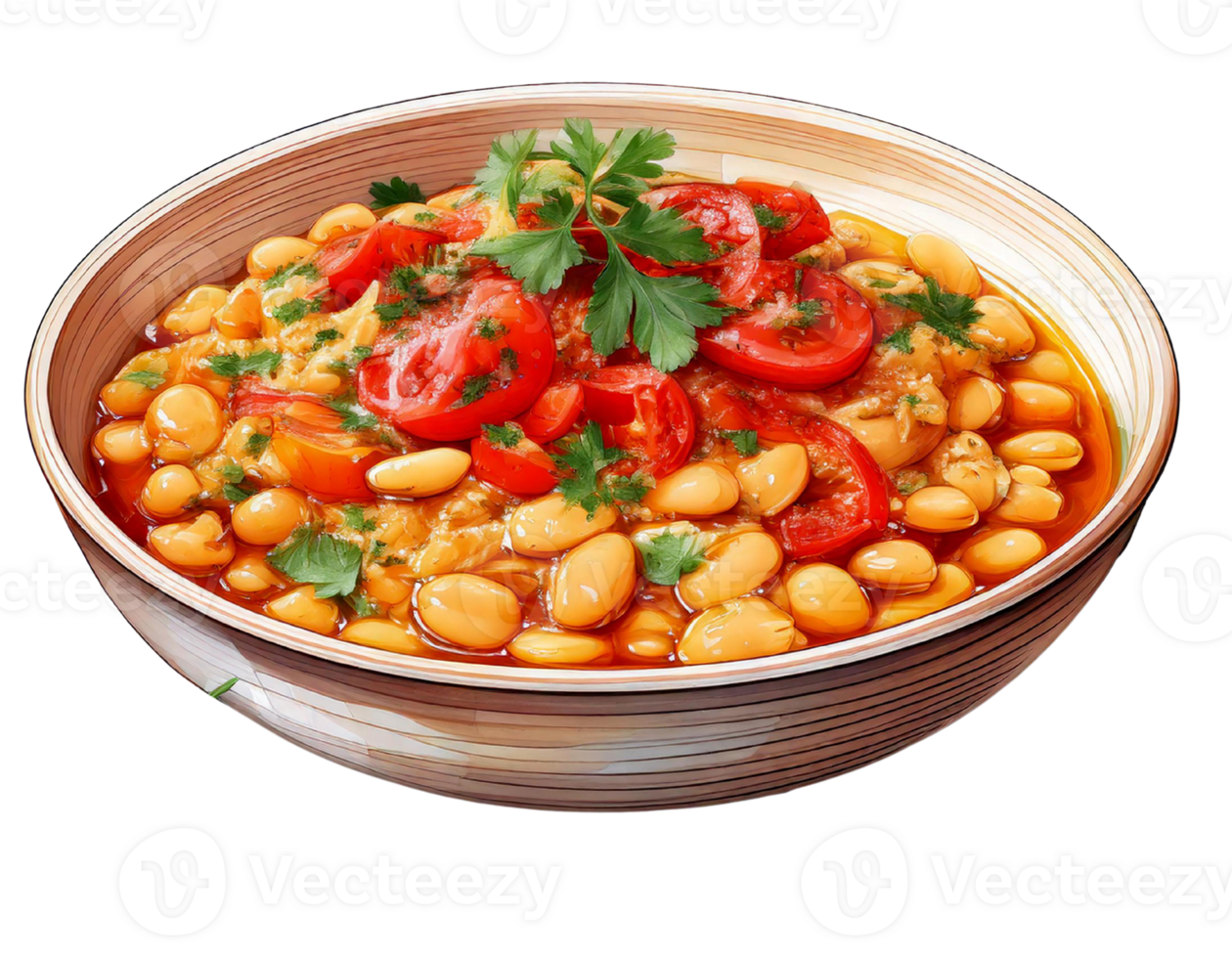 Delicious bean stew with tomatoes and herbs in a bowl. watercolor food clipart png