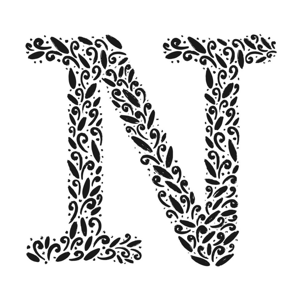Floral botanical alphabet. Vintage hand drawn monogram letter N. Letter with plants and flowers vector