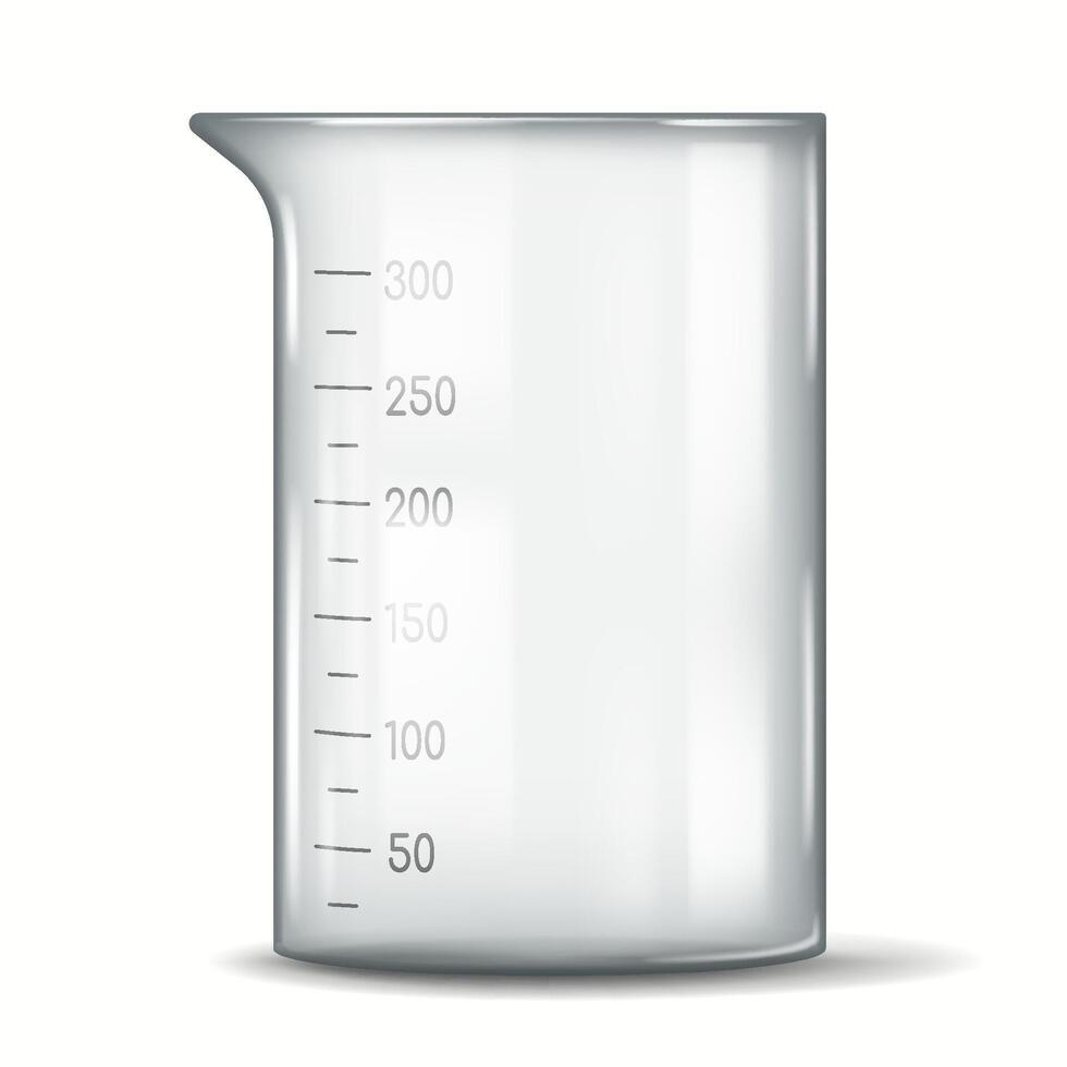 Illustration of a clear laboratory beaker with detailed measurement markings. It is used for mixing, measuring and pouring liquids in scientific experiments. vector