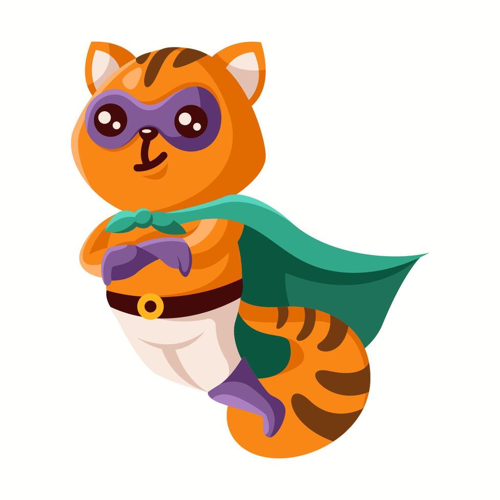 Illustration of a charming cartoon raccoon wearing a superhero costume, complete with a green cape and mask, showcasing adorable features and playful spirit. vector