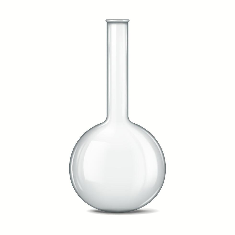 Detailed illustration of a round bottom flask often used in scientific laboratories for holding and mixing chemical solutions featuring a reflective glass surface. vector