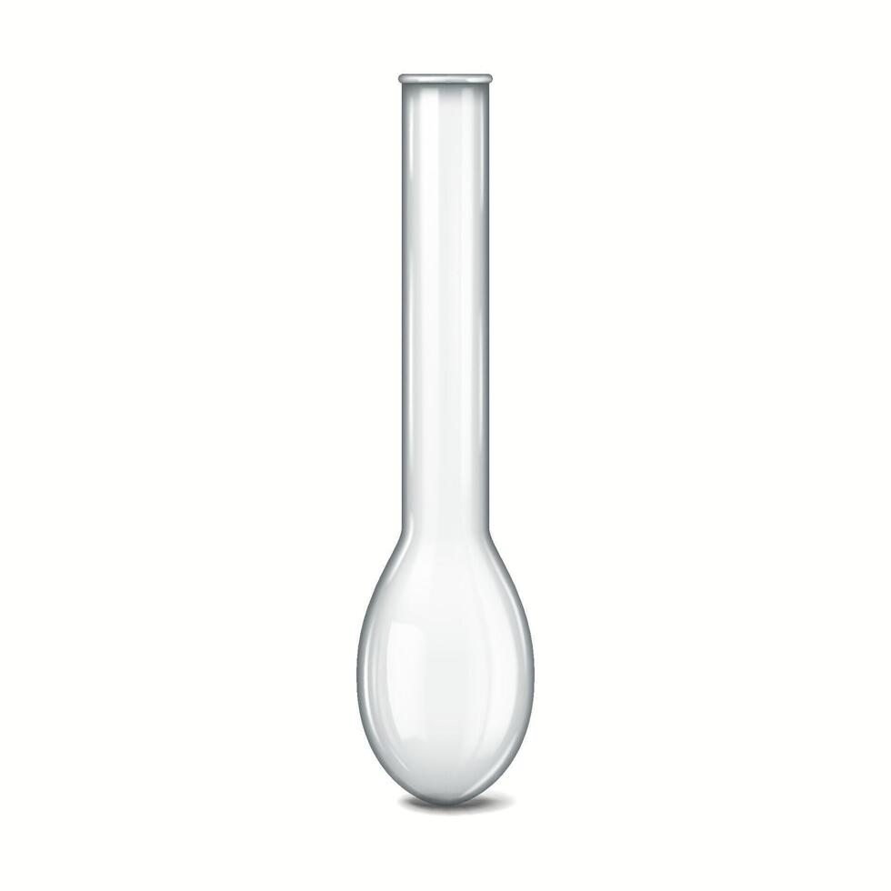 Realistic illustration of a glass laboratory flask. The flask's long neck and rounded bottom are designed for scientific experiments and chemical reactions. vector