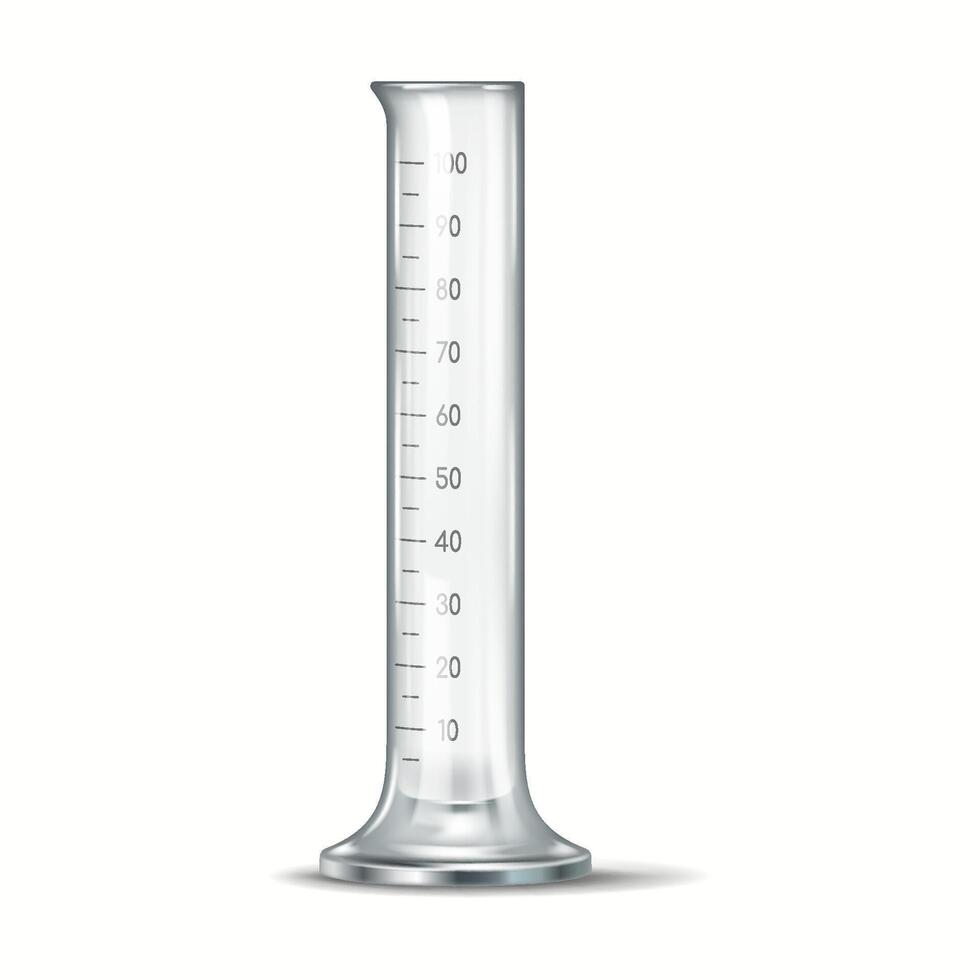 Realistic illustration of a graduated cylinder with volume markings. Used in scientific experiments and laboratories, ideal for measuring liquid volumes accurately. vector