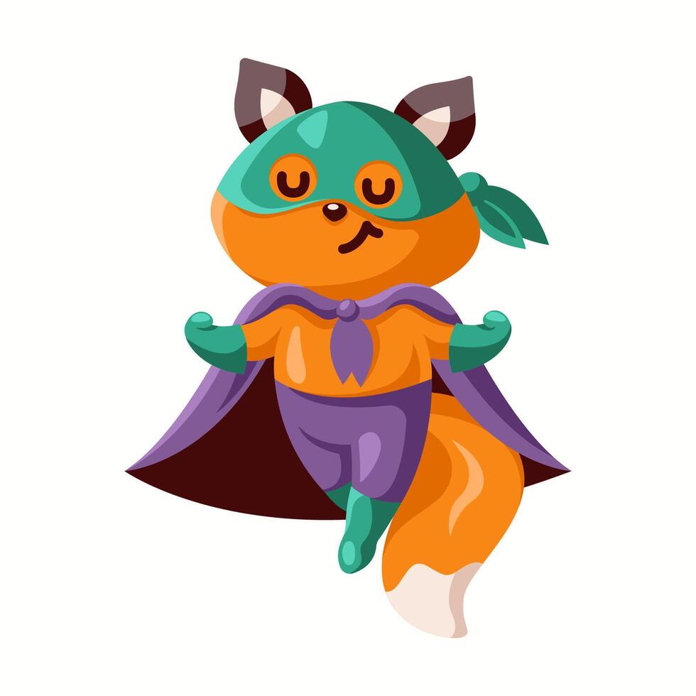 Illustration of a whimsical cartoon fox wearing a vibrant superhero outfit including a mask and cape, showcasing playful hero themes, ideal for children's content. vector