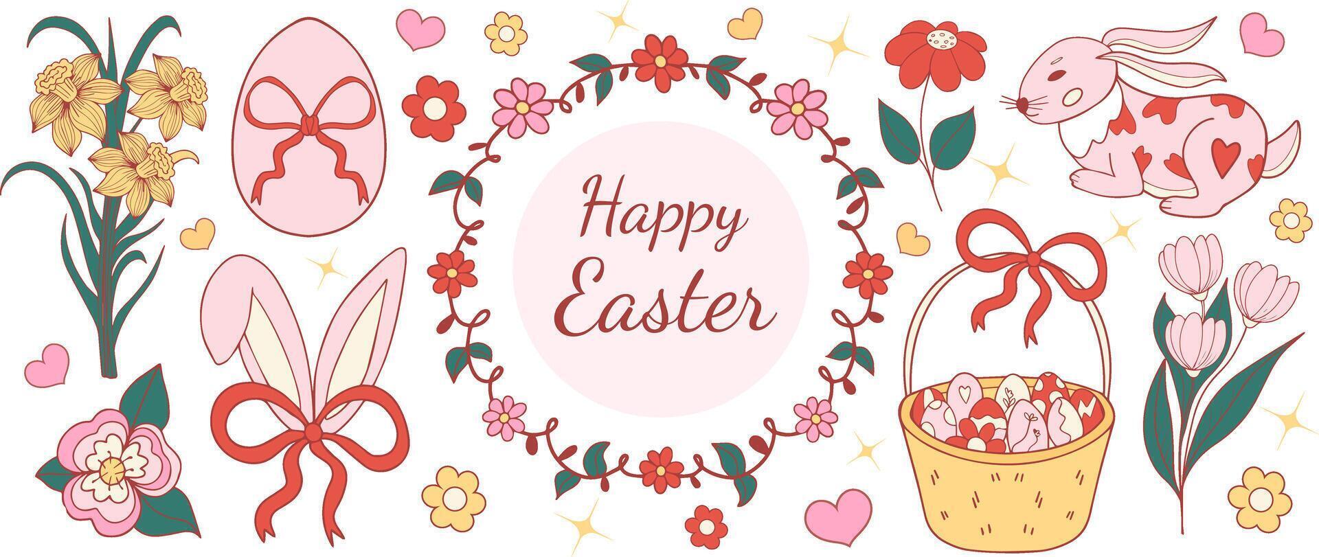 Easter coquette design elements set. Eggs, chicken, butterfly, rabbit, tulips, flowers, willow, branches, basket, tulips, narcissus. illustration. vector