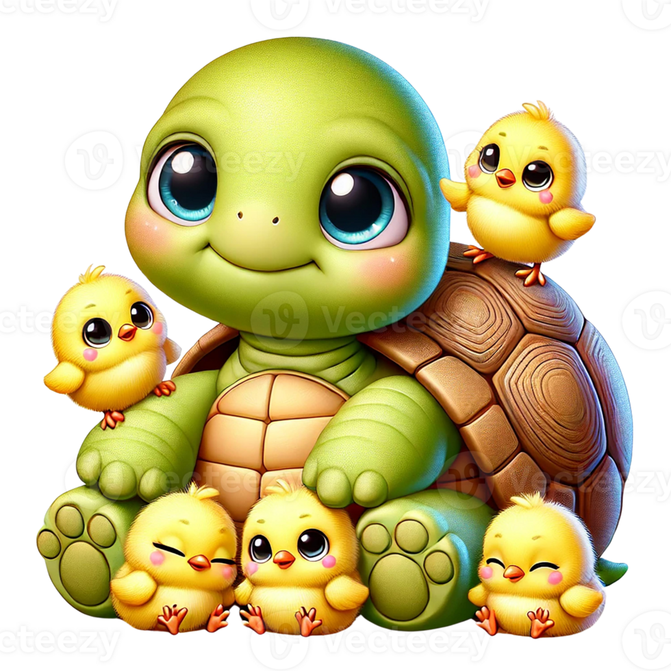 A cute turtle surrounded by cheerful baby chicks Easter clipart cartoon Easter cartoon character. png