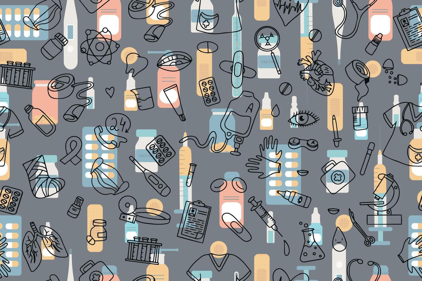 Seamless pattern of medical products, medicines, clothes, first aid kit in doodle style on background of medical illustrations in flat style. vector