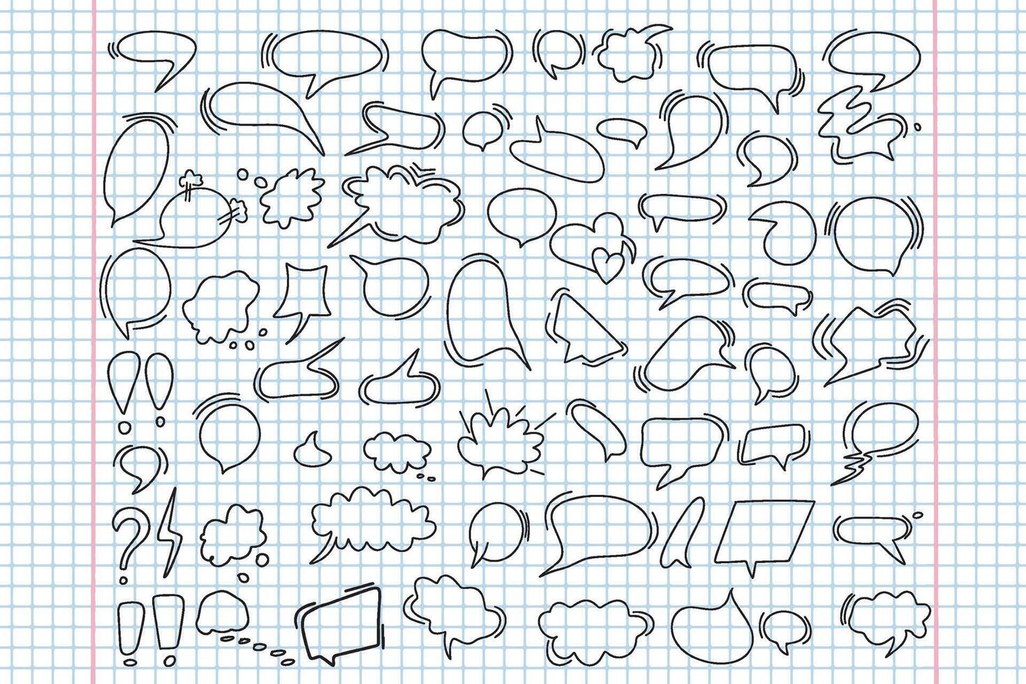 Huge set of dialog boxes, various options are hand drawn. Collection of speech bubbles for conversation, dialogue, doodle style design on a checkered background vector