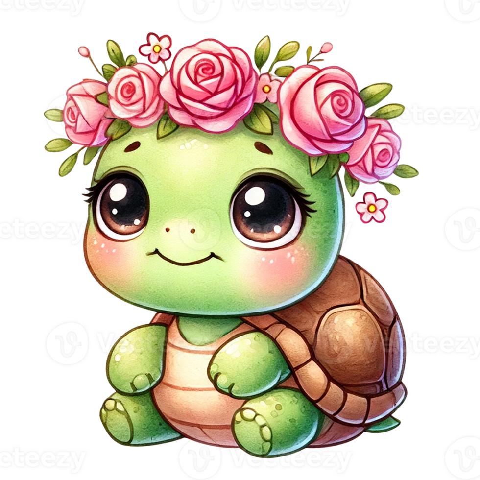 A cute turtle wearing a floral crown looks cheerful and adorable. Easter clipart cartoon Easter cartoon character. png
